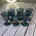 Vintage Indiana Iridescent Carnival Glass Harvest Grape Blue Goblets Set Of (6).