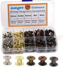 100 Sets Chicago Screws Assorted Kit 5 Color Leather Rivets Screw Rivets Flat...