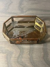 Vintage Glass / Brass Mirrored Jewelry Trinket Box Etched Hinged Lid Octagonal