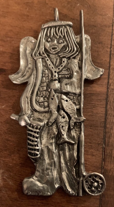 Vtg Marcie Designs Handcrafted Signed Pewter FISHING ANGEL PENDANT Ornament US