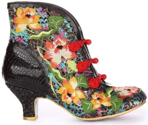 IRREGULAR CHOICE Lotus Eater en Negro Flor Tobillo Tacones Medios Talla UK 3-8 - Imagen 2 de 4