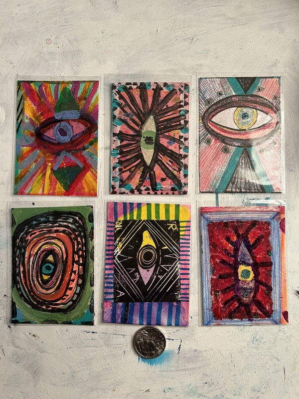 lot of 6 original ACEOs / artist trading cards 3.5 x 2.5 inches each, eye theme