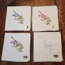 Lot of 4 Handkerchiefs White with Embroidered Roses Flowers Floral NEW