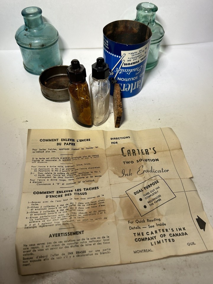 (2) Vintage Glass Ink Bottles /Carters Ink Eradicator Tin With Contents ...