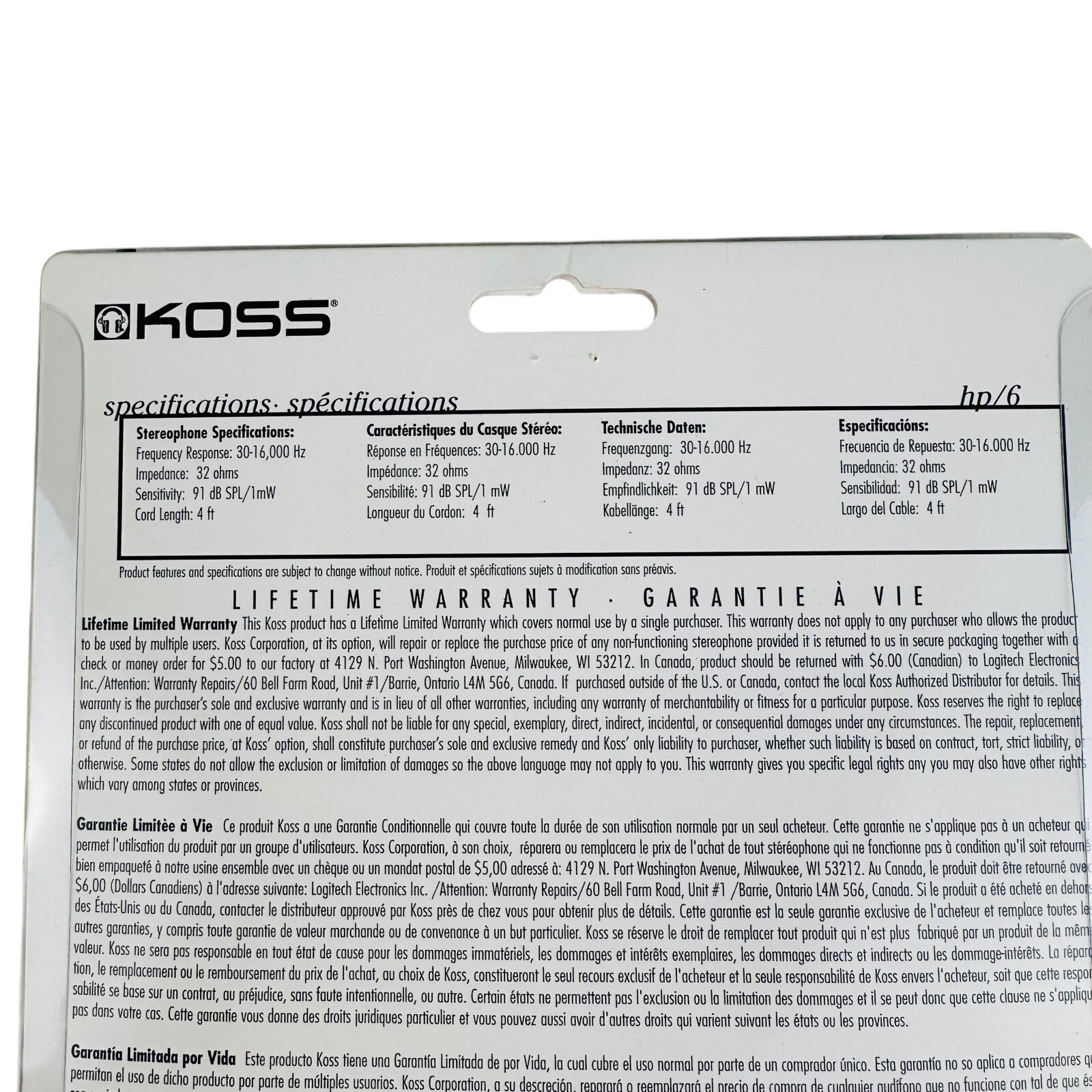 Koss HP6 Portable Stereo Headphones Vintage New Package