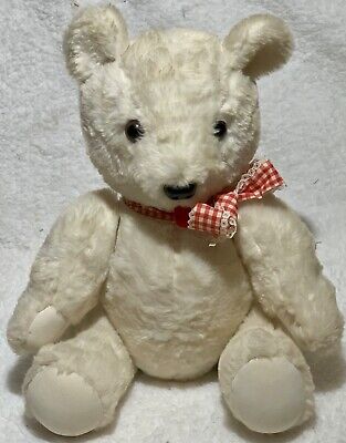 Vintage White Jointed Teddy Bear Red Gingham Bow Tongue moveable arms legs 18â | eBay