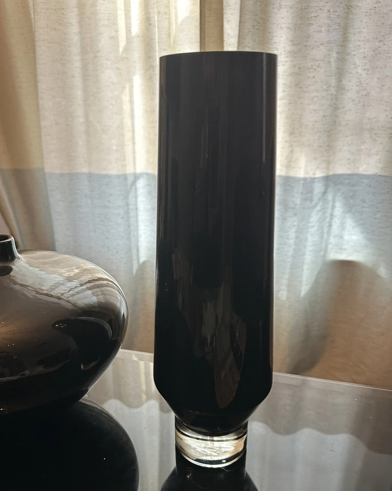 Black Glass Vase Tall Cylinder Glassware Set Of 2- 15” And 1 Round (3pcs) Decor - Image 2 of 4