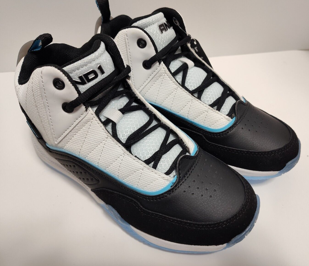 AND1 Boys White, Black Blue Hightop Lace up Basketball Sneakers