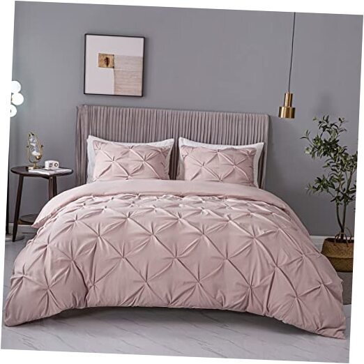 3 Piece Pink Duvet Cover Luxurious Pinch Pleated Queen Pink-120g Microfiber