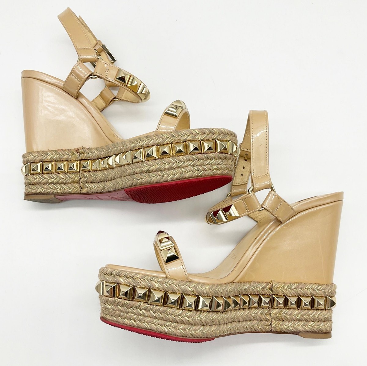 Christian Louboutin Cataclou Gold Studded Wedge Sandals Size EU35