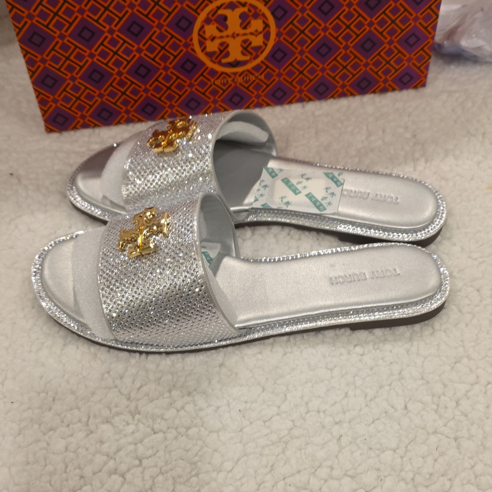 Tory Burch Silver Rhinestone Logo Slide Sandals Women's Size EU 40 Slip On thumbnail 3
