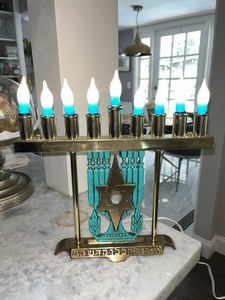 VTG Israel Brass & Enamel Electric Hanukkah Menorah w/ Star of David - Judaica