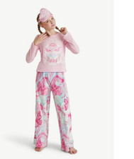 Justice Girls Pajama Set Size XS Pink Wicked 3 Piece Top Pants Eyemask Crew Neck