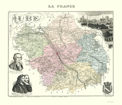 Historic Map - Aube Department France - Migeon 1869 - Vintage Wall Art