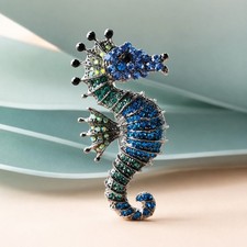 Seahorse Brooch Crystal Enamel Style Ocean Animal Lapel Pin Coastal Accessory