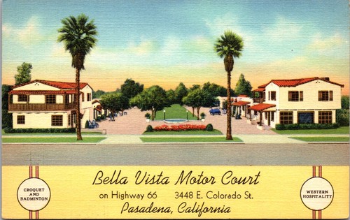 Bella Vista Motor Court Pasadena California Linen Postcard Route 66 1946