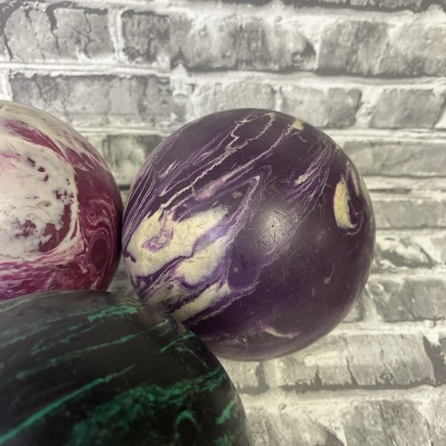 Vintage Duck Pin Bowling Balls, Set Of 3, 5” 3lb 11oz Green Black Purple White - Picture 7 of 12