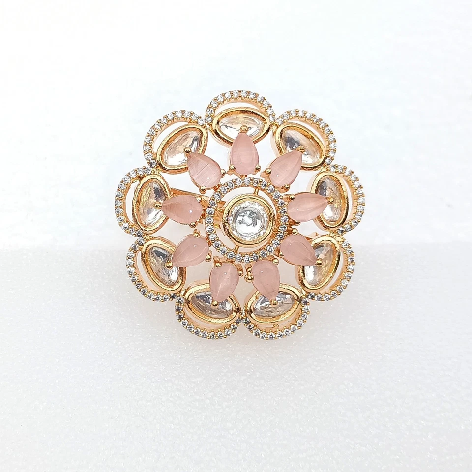 Anillo ajustable de cuarzo rosa con circonita cúbica enchapado en oro joya de compromiso de fiesta nupcial para mujer Foto 3 de 4