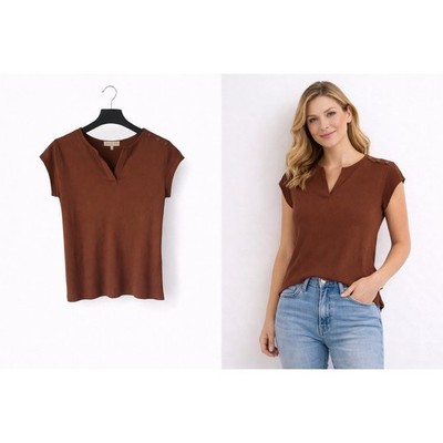 Joie de Vivre Ribbed Knit Top W Small Brown NEW Split Button Shoulder Earthy