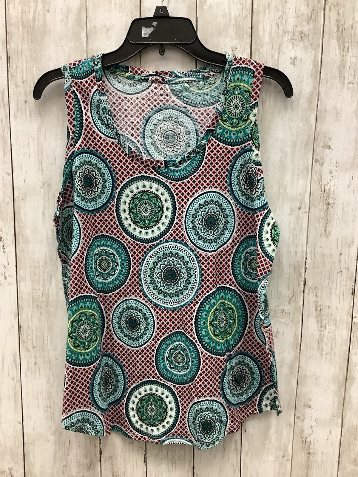 Loft Medium Blue and Red Medallion Print Sleeveless Mesh Knit Tank Top Blouse