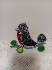 Vintage Suncatcher Stained Glass Bird Blue with Red Breast Hanging Window 4  x 5