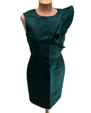Zara Women’s Hunter Green Satin Sheath Dress Size Medium Ruffle Cocktail Holiday