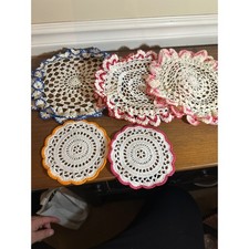 Vintage Handmade Crochet Doily Set 5pc Multicolor Scalloped Lace Coasters 5-9in
