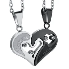 Stainless Steel Couple Necklace Heart CZ Puzzle Matching Pendant