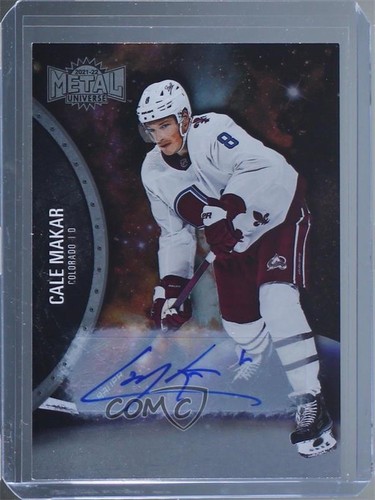 Cale Makar [Silver Autograph] #112 card from 2021 Skybox Metal Universe