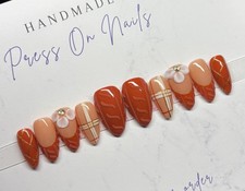 Short stiletto press on nails acrylic flowers French tips nude rhinestones gold