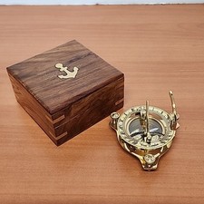 Nautical Solid Brass Sundial and Compass in Wooden Box -Great Condition