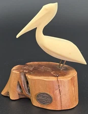 Vintage John Perry Pelican Sculpture Statue Bird on Burl Wood Beach Decor 5"