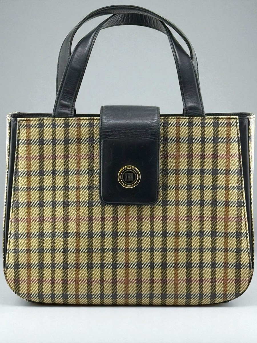 DAKS London Vintage Plaid Handbag | Black Leather Trim Top Handle