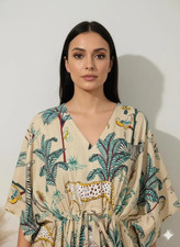 Indian Beige Tiger Handmade Cotton Kaftan Maxi Dress Women's Clothing Gown US