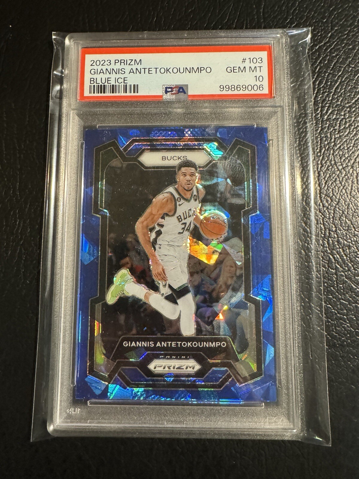 2023-24 Panini Prizm #103 GIANNIS ANTETOKOUNMPO 57/125 Blue Ice PSA 10 GEM MINT