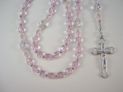 Girls Pink Rosary Catholic 17'' Pink Shimmer & Crystal Czech Glass Chica Rosario