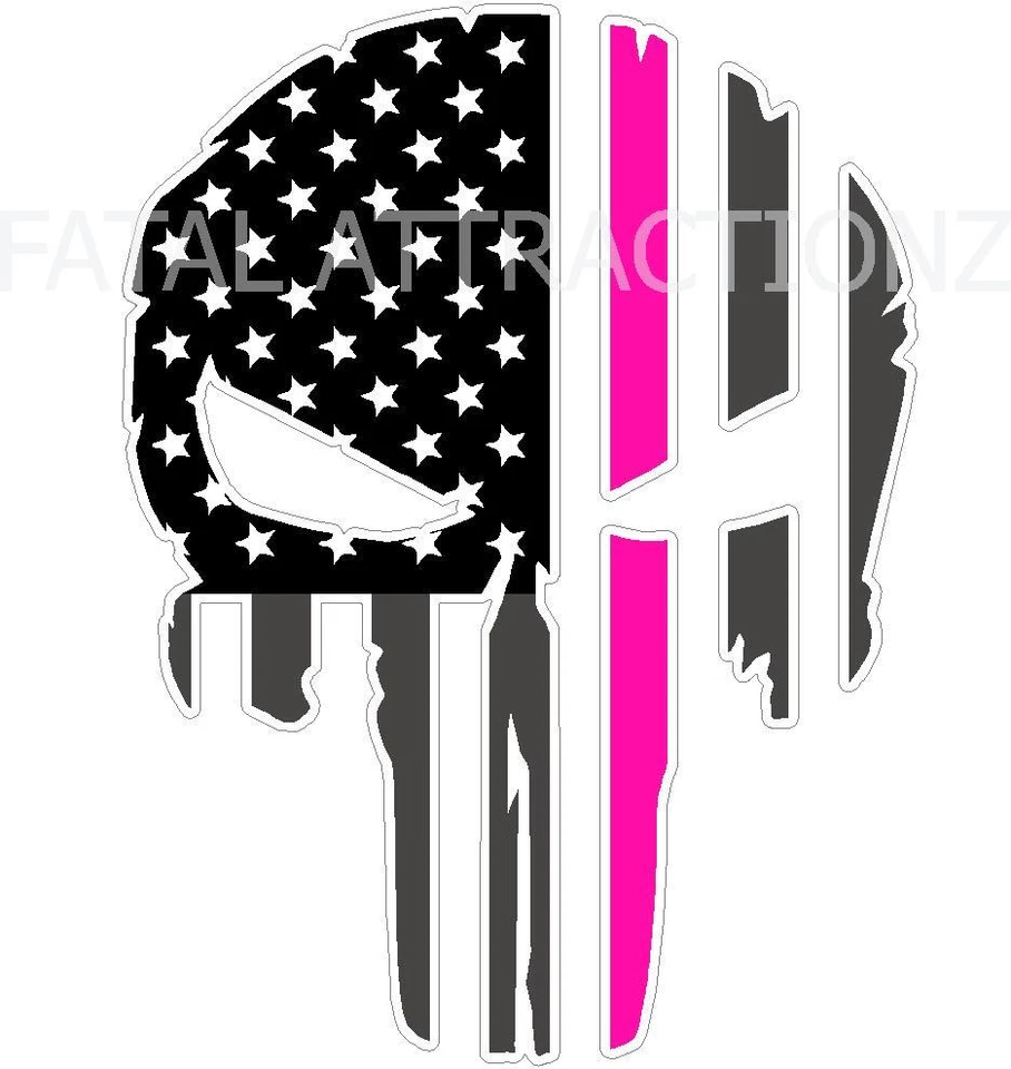 FATAL ATTRACTIONZ Rugged American Flag Skull Hot Pink Line Vinyl Sticker Decal breast cancer