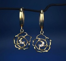 14k Yellow / White Gold Dangle CZ Flower Huggie Earrings