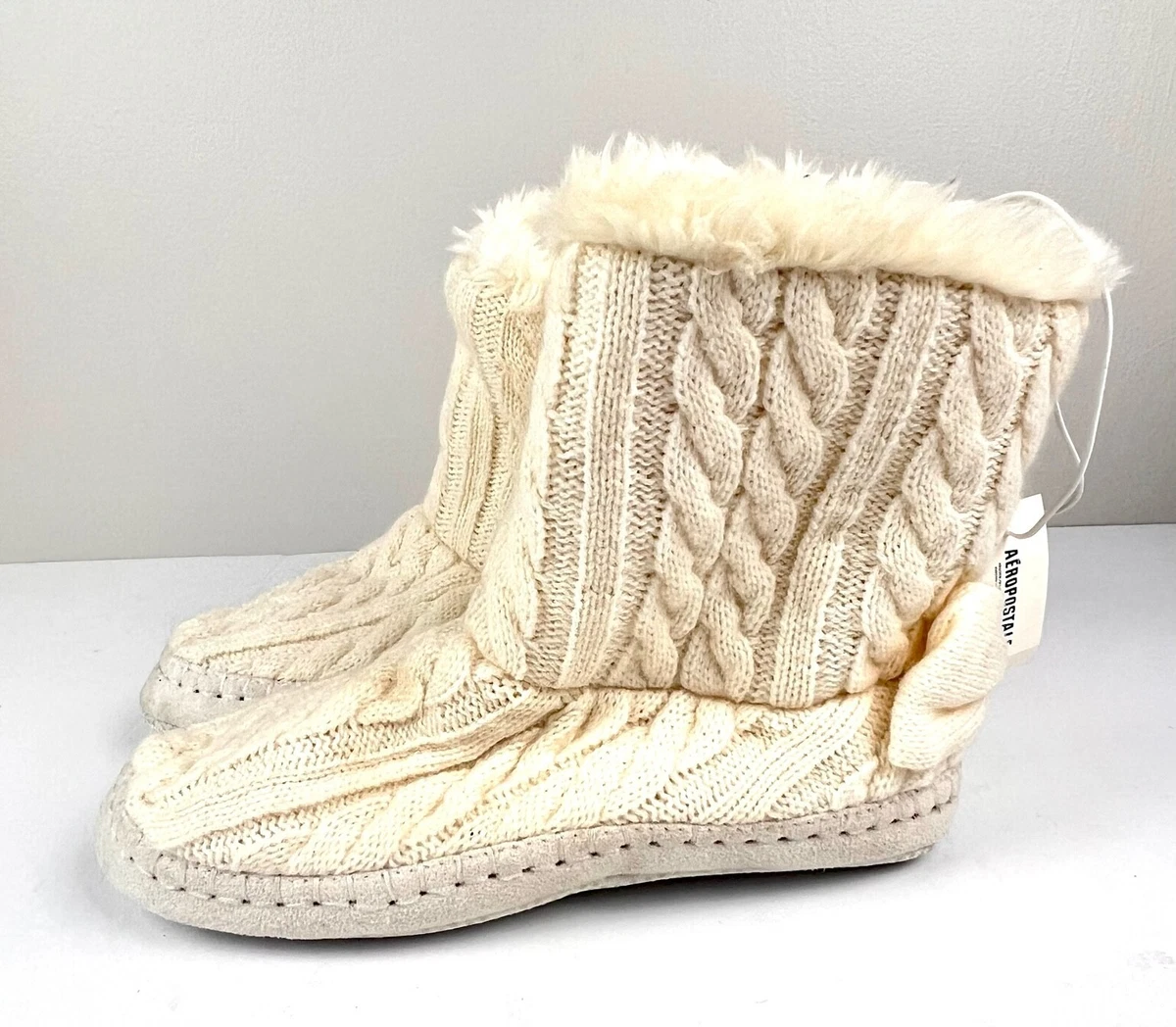 Aeropostale Knit Bootie Slippers Bow Cream Knit Sz. M 6.5 7.5 eBay