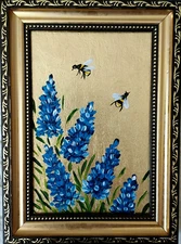 Bee Painting Bumblebee on flowers Small Art Honeybee Insects Gold leaf Framed
