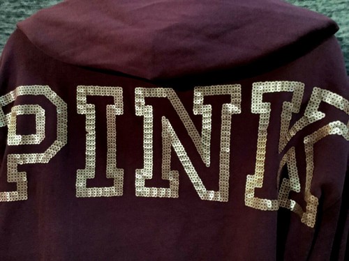 Felpa con cappuccio Victoria's Secret rosa Bling Campus pullover nero orchidea oro rosa M - Foto 7 di 10