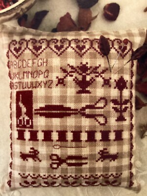 PATTERN Redwork Scissors Pillow Cross Stitch Sampler NEW Nikyscreations
