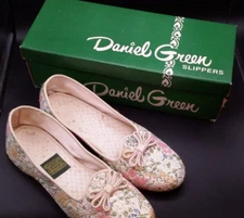 VTG DANIEL GREEN MIDCENTURY SLIPPERS + ORIG. BOX Brocade Tapestry Floral Size 6