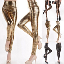 Women High-Waist Shiny Wet Shiny Print Slim Pants Faux Leather Stretch Leggings
