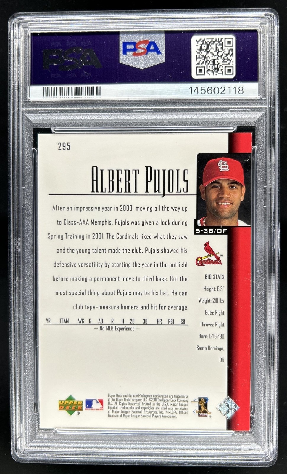 2001 Upper Deck Albert Pujols Rookie RC #295 Cardinals PSA 8 view 2