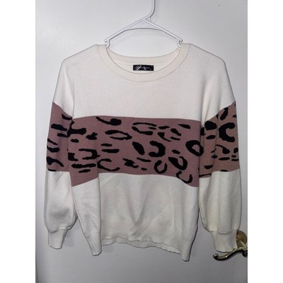 PrettyGarden Womens Leopard Print Colorblock Sweater Mauve Pink White Small