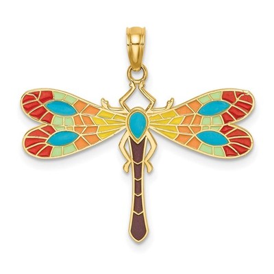 14k Gelbgold Multi Color Emaille Libelle Anhänger K6986