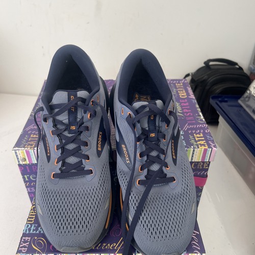 Brooks Ghost 15 Blue/Flintstone/Peacoat/Oak Running Shoes Men’s Size 10 Wide 2E - Afbeelding 19 van 22