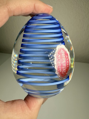 Vintage Murano Glass 3” Egg Paperweight, Blue Ribbon Swirl, Sticker - Picture 8 of 10