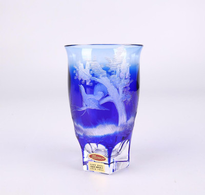 Moser Bohemian Crystal Cut Glass Blue Floral & Bird Motiv w/ Original Box NOS